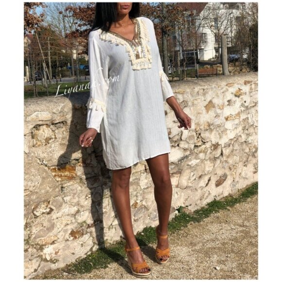 CIAO MILANO Boho Tassel Tunic Shift Dress Flare Sleeve Tassel Metallic Sequin - Picture 10 of 16